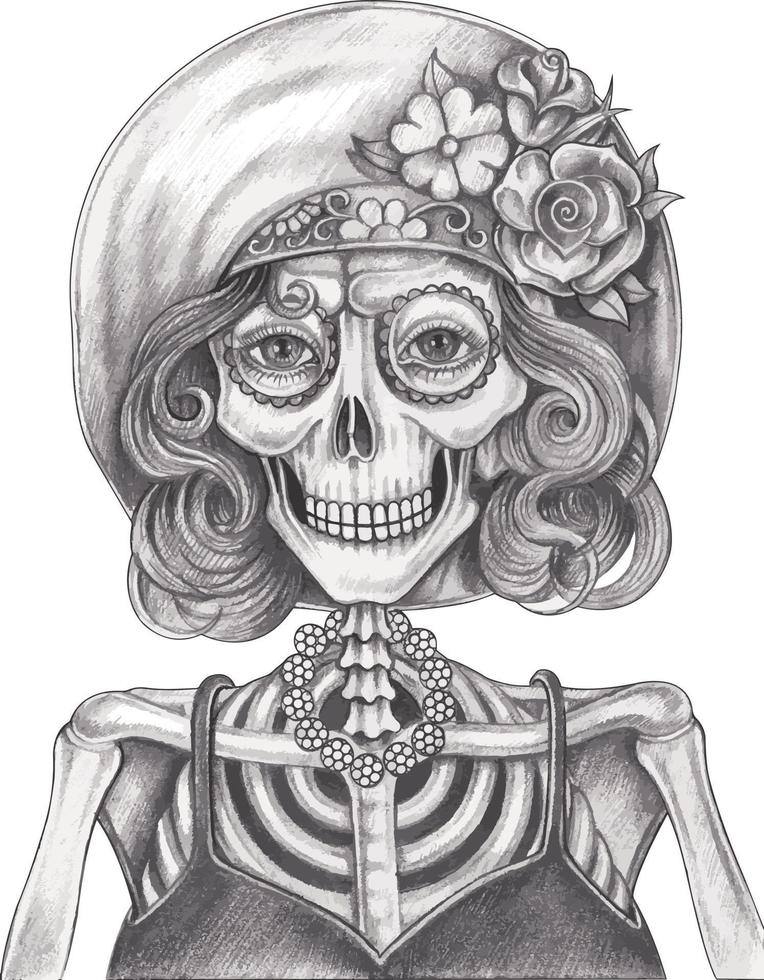 modelo de moda de arte cráneo día de los muertos. dibujo a mano y hacer vector gráfico.