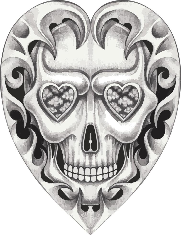 tatuaje de cráneo de micrófono de corazón gráfico de arte. dibujo a mano y hacer vector gráfico.