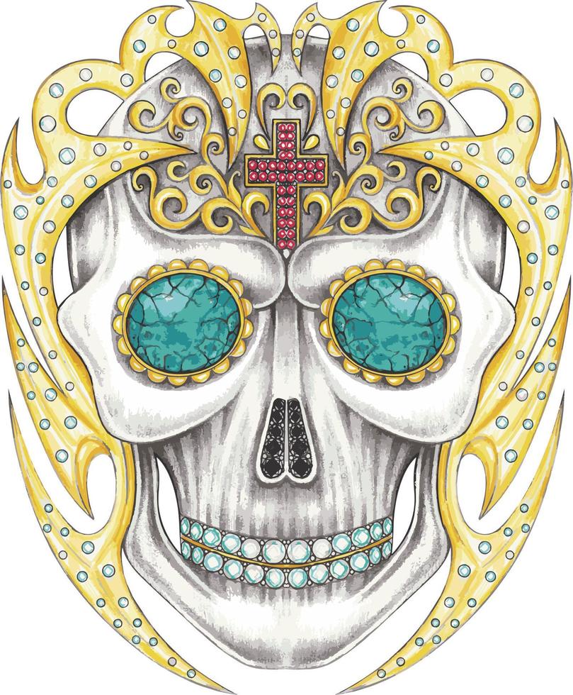 Art fancy graphic mix gems and stone skull. Hand drawing and make graphic vector. vector
