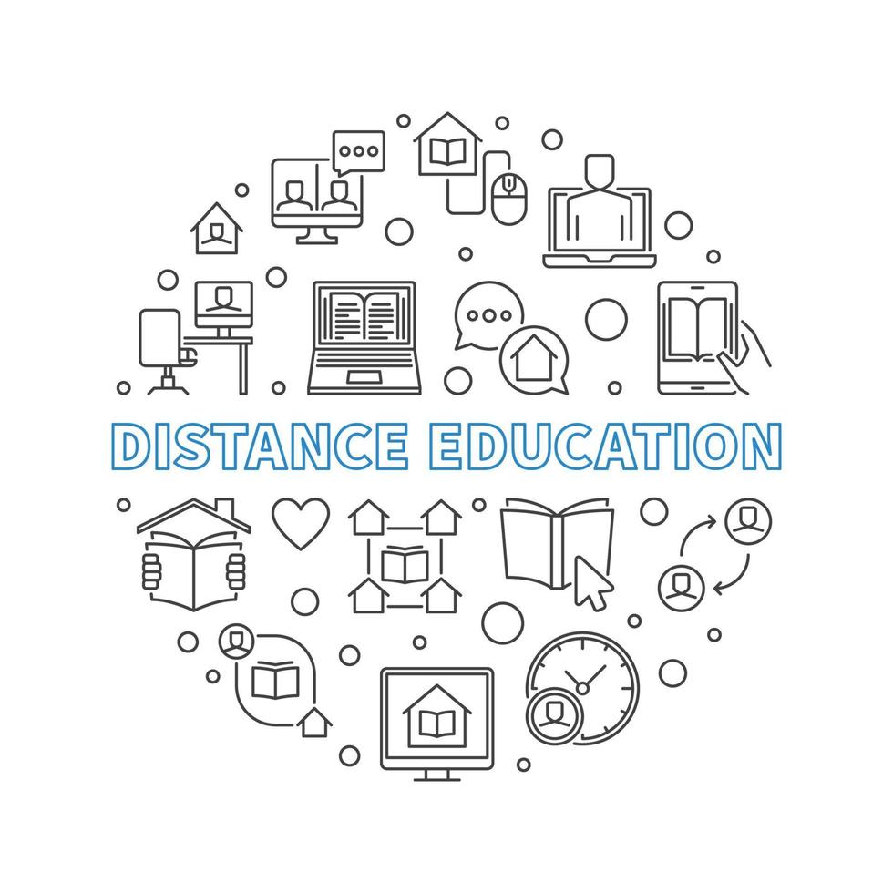 Distance Education linear vector concept round illustration