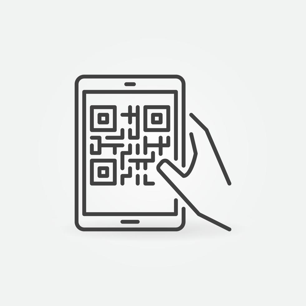 Hand holding Tablet with QR Code vector thin line icon