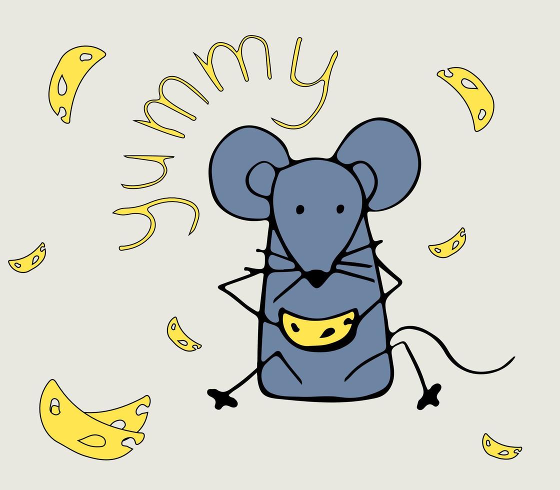 Gray Mouse sits and eats Cheese. Emotional baby illustration in color doodle style vector