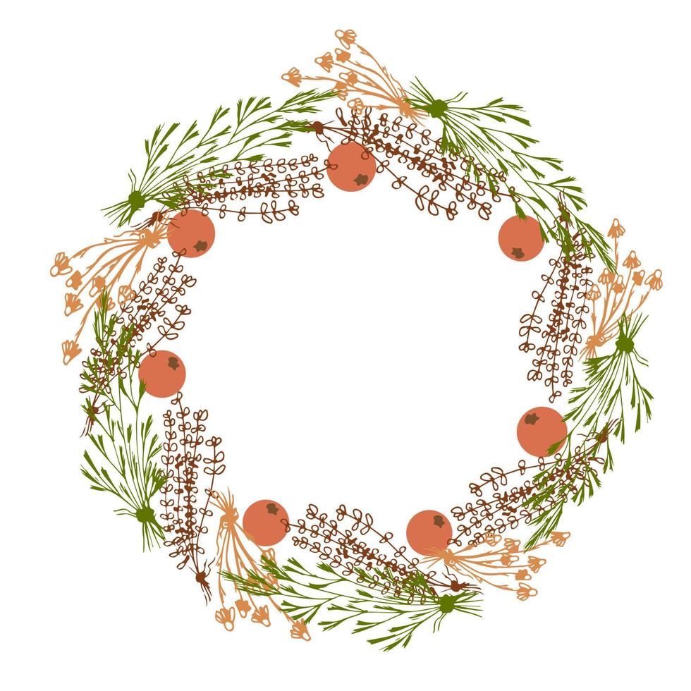 Wreath of Dry Herbs and Berries for postcards, posters. Decor element Dried flowers collected in a circle. Vector illustration