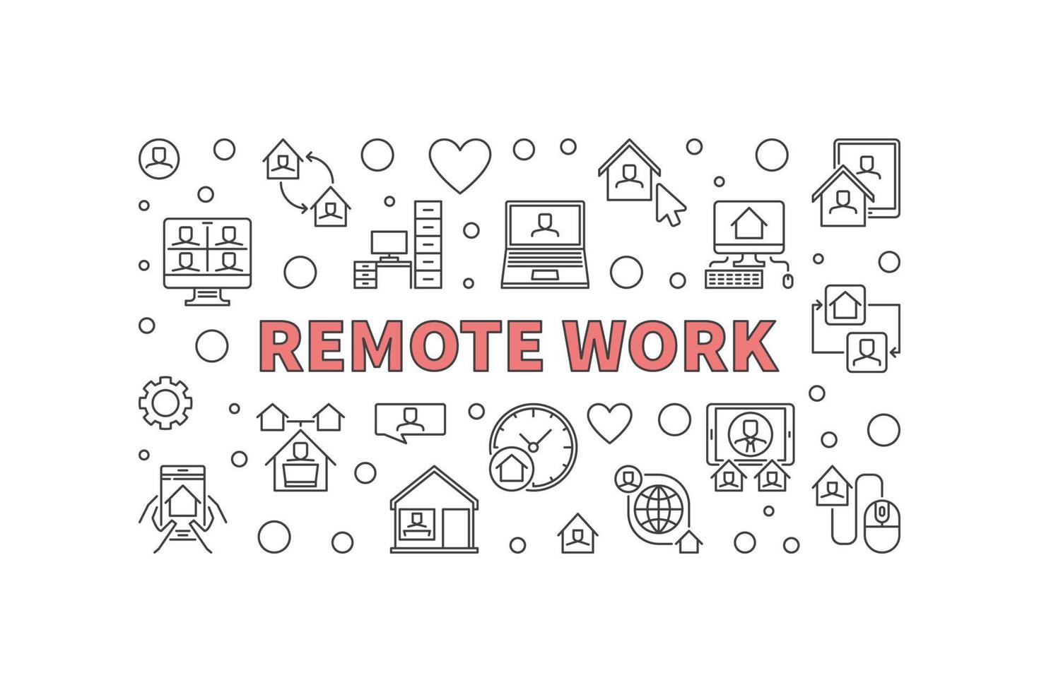 Remote Work vector outline horizontal banner or illustration