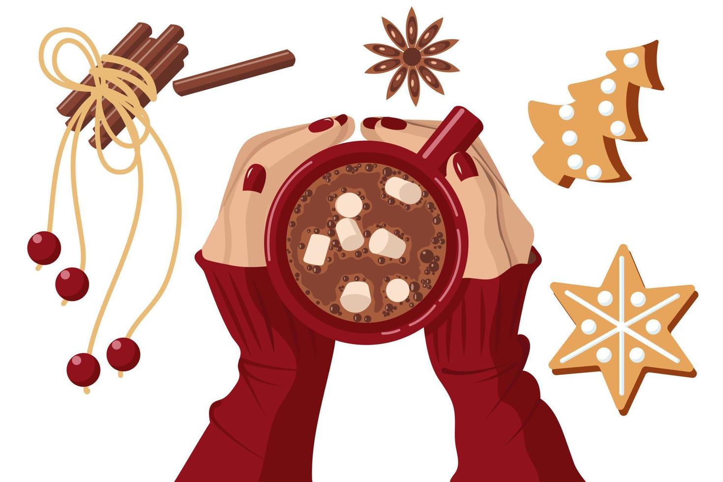 taza roja de cacao con malvaviscos en manos femeninas. cerca se encuentran palitos de canela y una flor, pan de jengibre en forma de estrella y un árbol de navidad. ilustración vectorial aislado sobre fondo blanco. vector