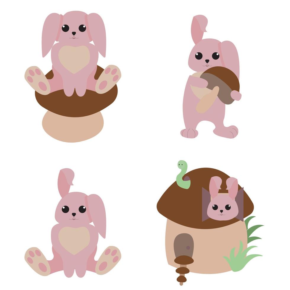 un conjunto de lindos conejitos y champiñones. diseñado para productos infantiles y tarjetas de Pascua. ilustración vectorial aislado sobre fondo blanco. vector