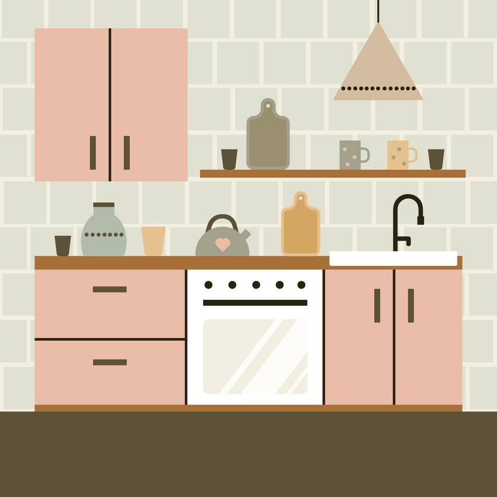 Retro Vintage Kitchen Interior Vector Illustration