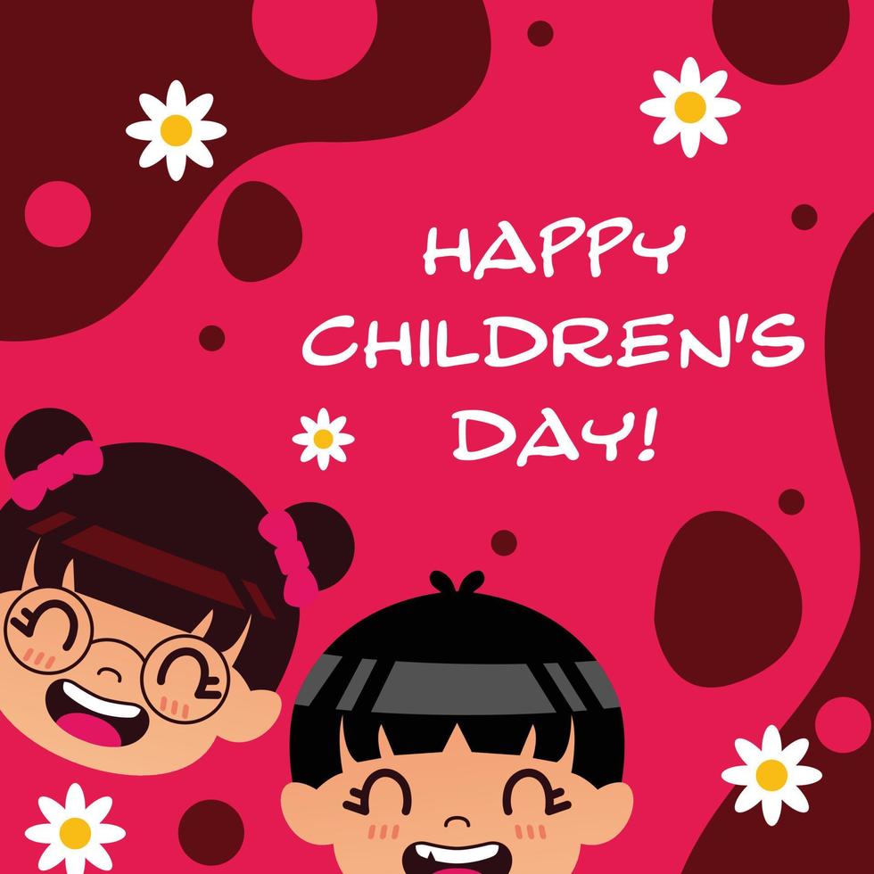 Happy International Children's Day greeting card. on a pink background with flowers and a children's cartoon illustration vector