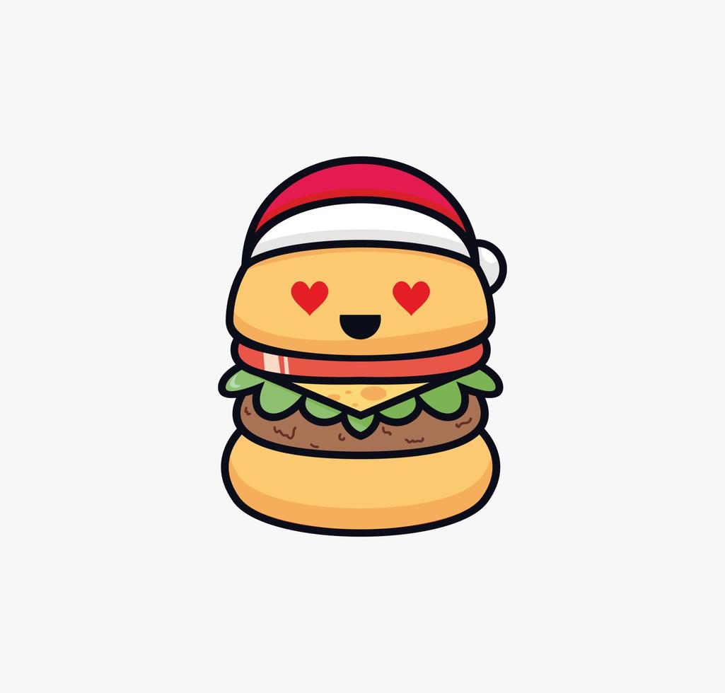 dibujos animados de hamburguesas. ilustración vectorial de comida rápida especial para el día de navidad con carácter de hamburguesa con ojos de amor. Aislado en un fondo blanco. vector