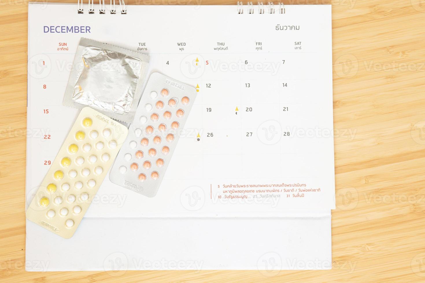 Birth control pills and condoms on a calendar date background calculate the date. control the birth rate health care and medicine photo