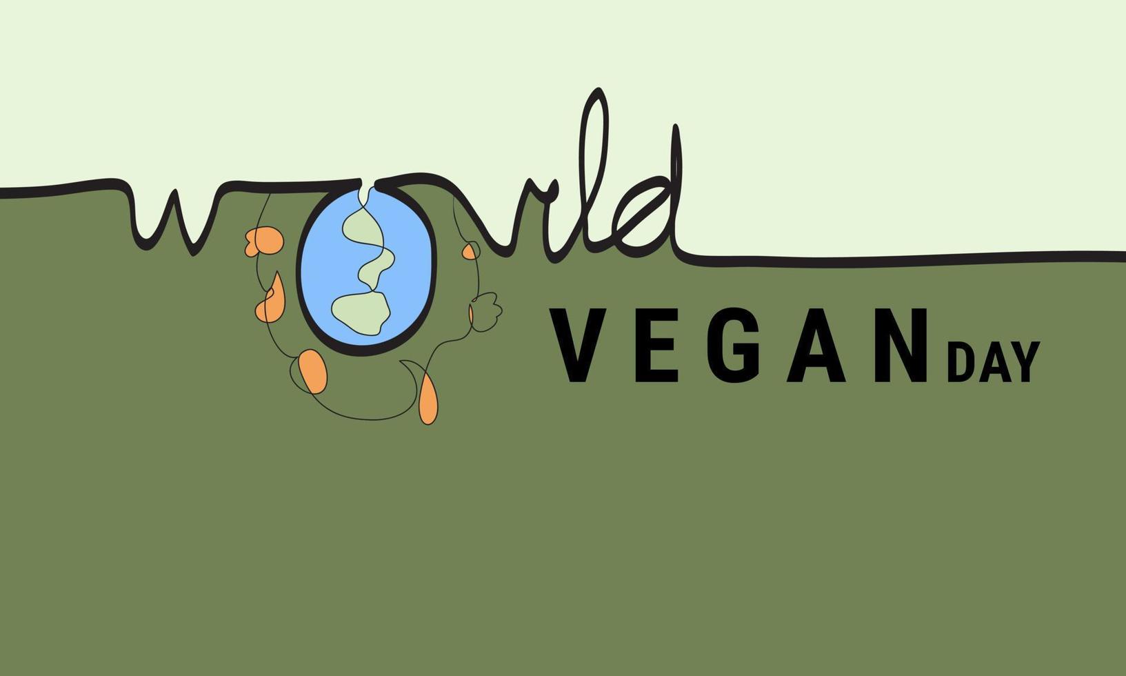 World Vegan Day Hand Drawn Vector Illustration. Vegetarian Color Background. One Continuous Line Drawing. Vegan Day Lettering. Eps10