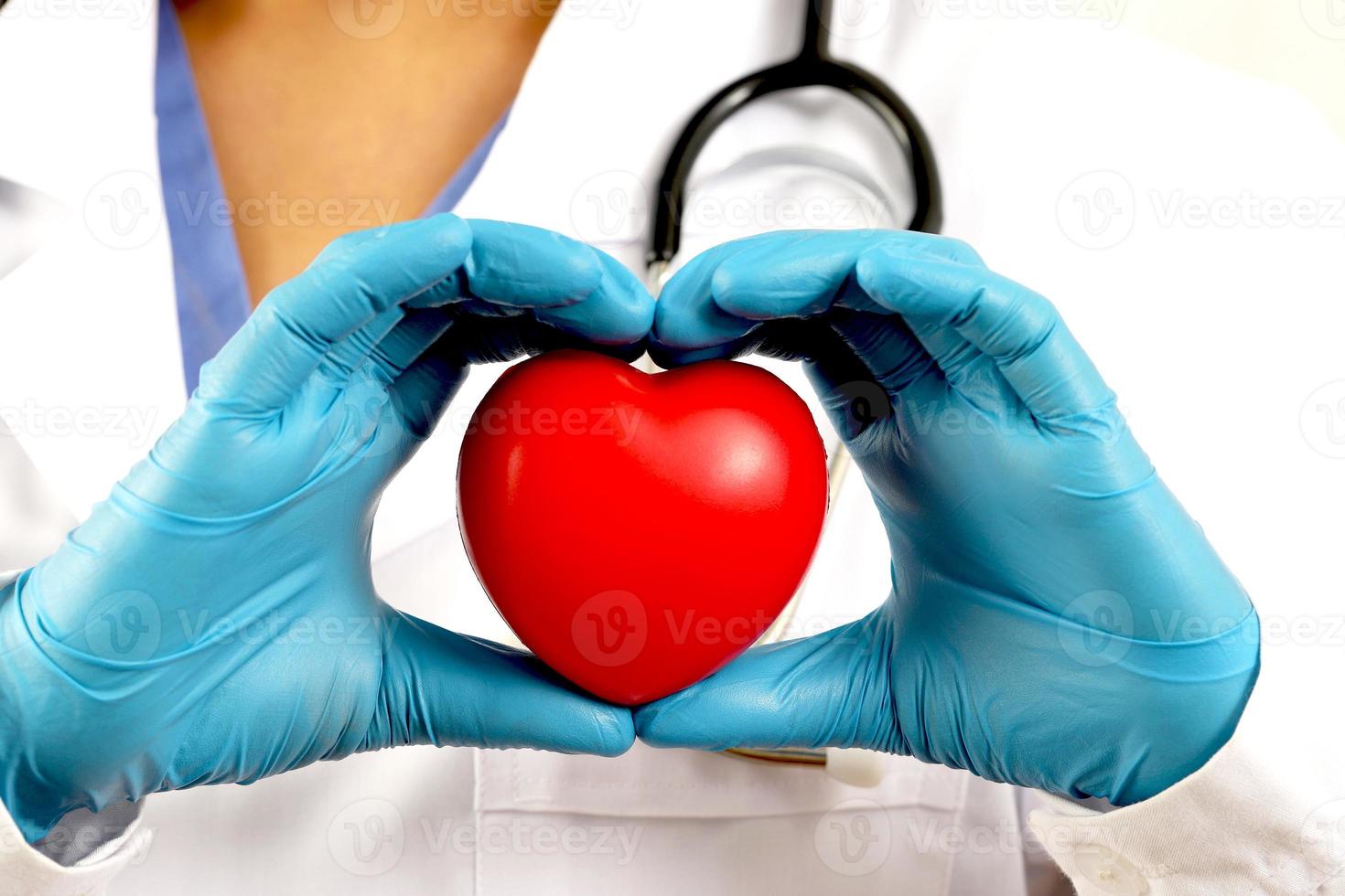 young female doctor holding a red heart standing on a white background photo