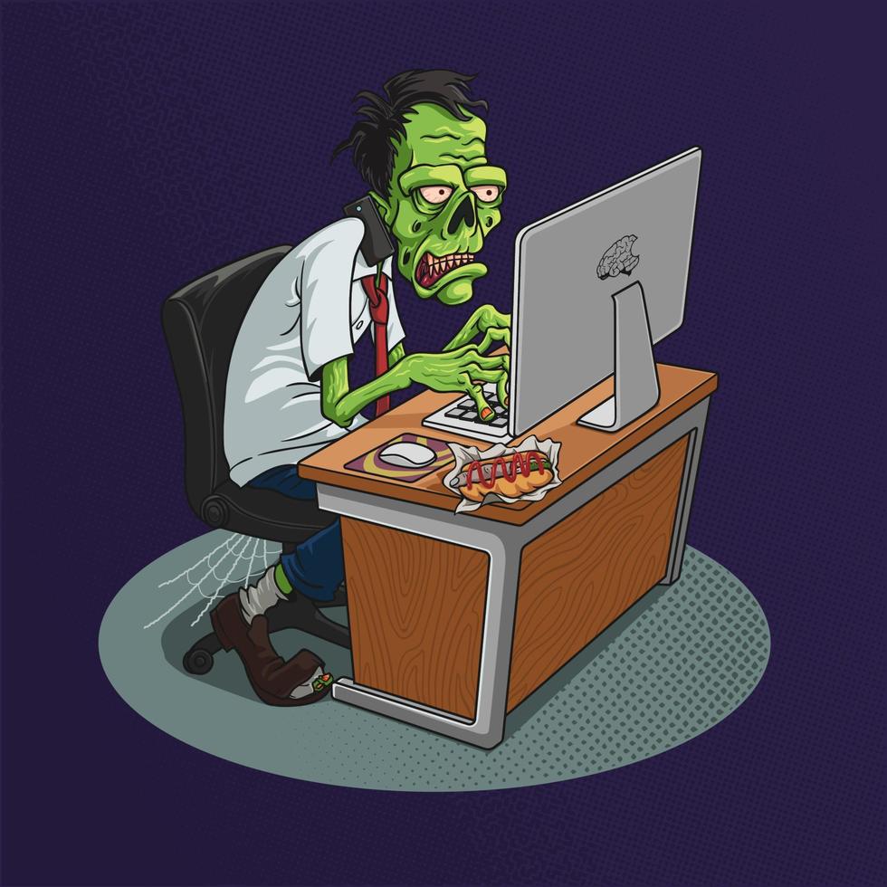 empleado de zombie de dibujos animados verde que trabaja en la parte delantera de la computadora vector