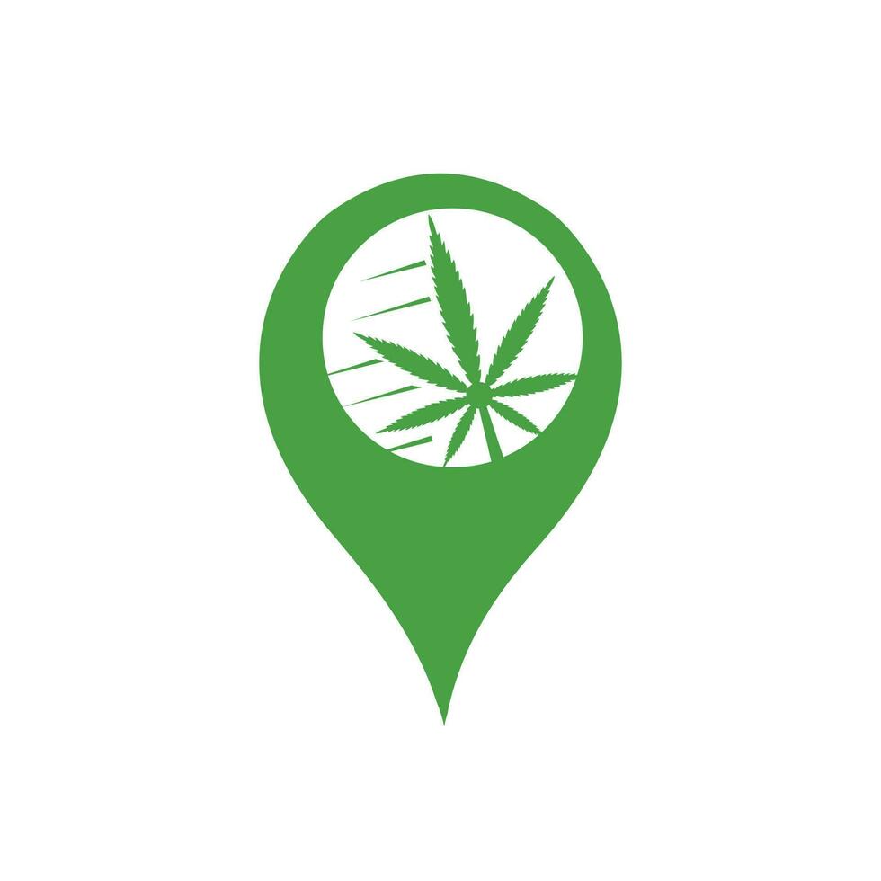 Vector marijuana leaf and map pointer logo combination. Hemp and gps locator symbol or icon. Unique cannabis and pin logotype design template.