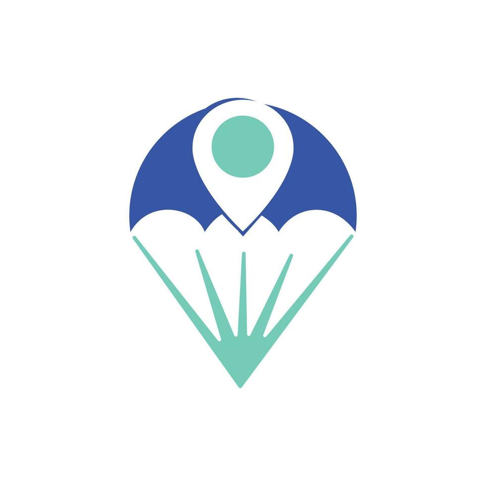 logotipo vectorial de paracaídas con diseño de puntero gps. logotipo de icono de paracaídas y gps. plantilla de diseño de logotipo de estrella deportiva. vector