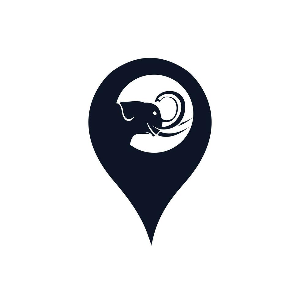 diseño de logotipo de elefante y puntero de mapa. diseño del logotipo del localizador de elefantes. icono de lugar de animales. vector