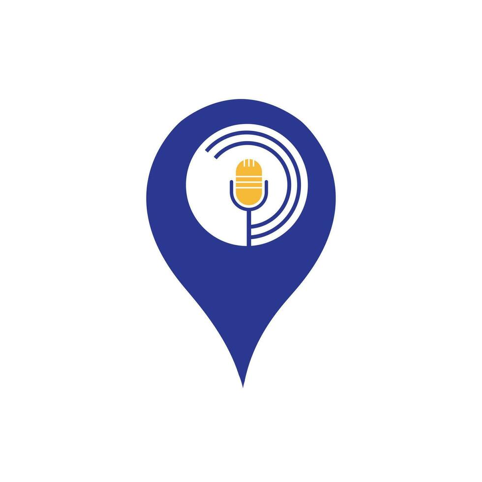 Podcast and map pin logo design. Studio table microphone with broadcast icon design. vector
