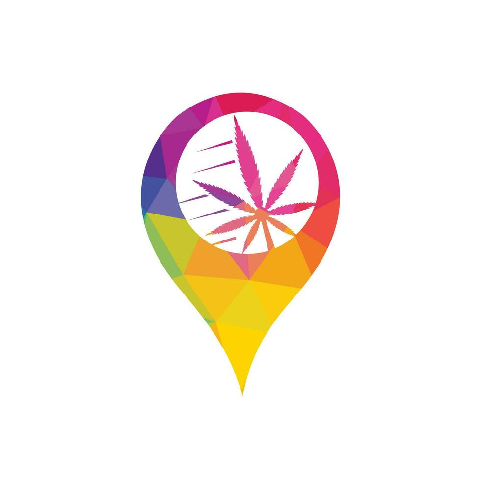 combinación de logotipo de puntero de mapa y hoja de marihuana vectorial. símbolo o icono del localizador de cáñamo y gps. plantilla única de diseño de logotipo de cannabis y pin. vector