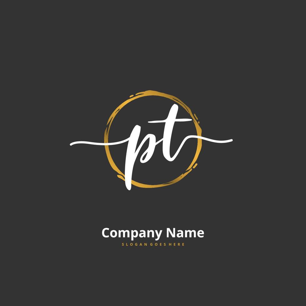 PT Initial handwriting and signature logo design with circle. Beautiful design handwritten logo for fashion, team, wedding, luxury logo. vector