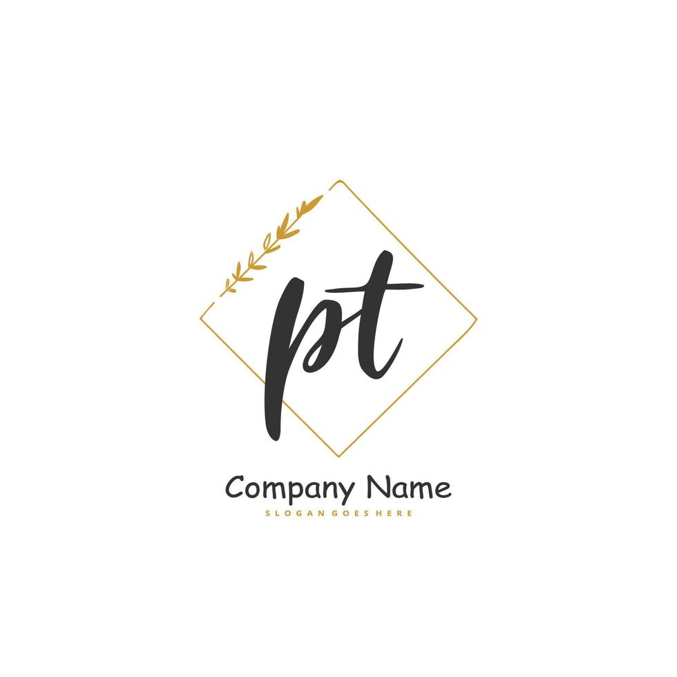 PT Initial handwriting and signature logo design with circle. Beautiful design handwritten logo for fashion, team, wedding, luxury logo. vector