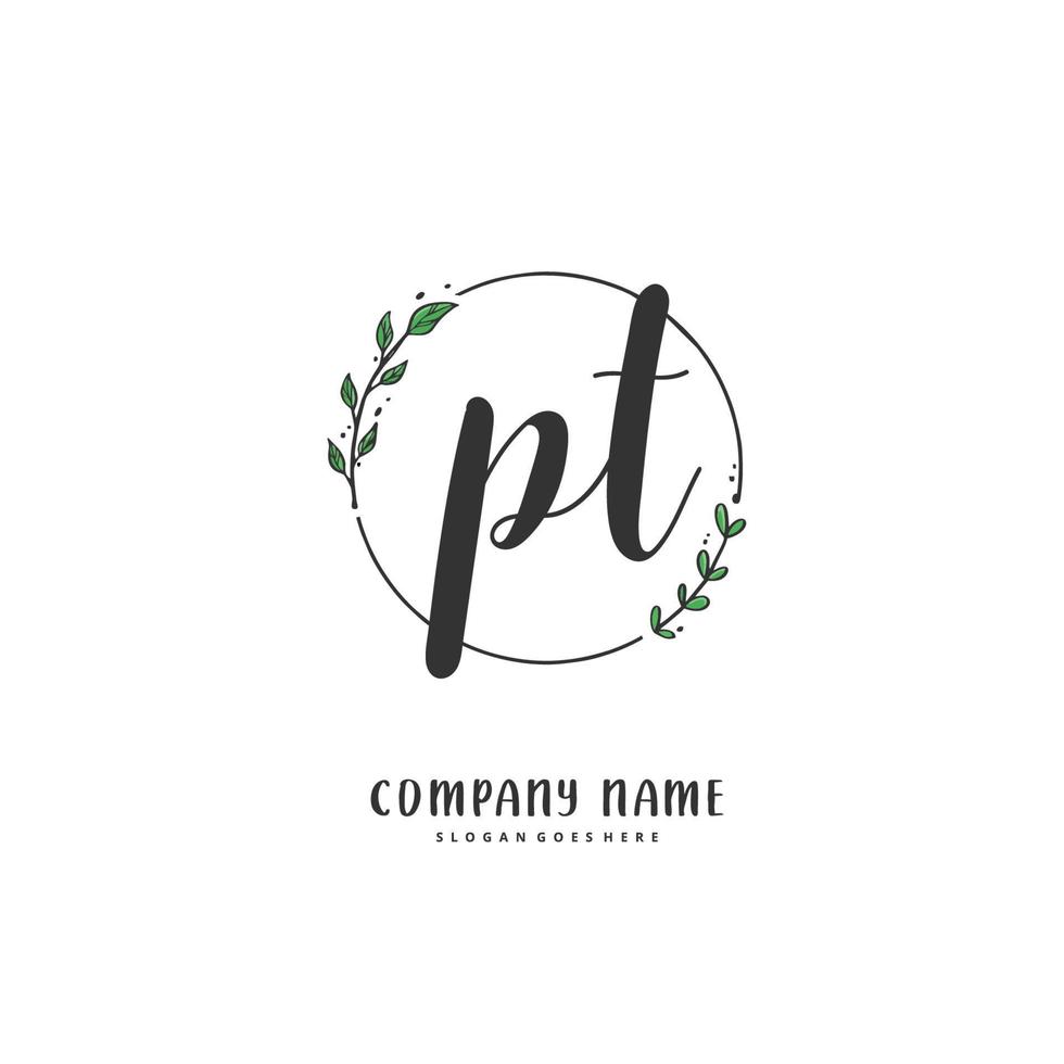 PT Initial handwriting and signature logo design with circle. Beautiful design handwritten logo for fashion, team, wedding, luxury logo. vector