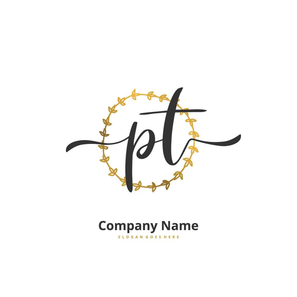 PT Initial handwriting and signature logo design with circle. Beautiful design handwritten logo for fashion, team, wedding, luxury logo. vector