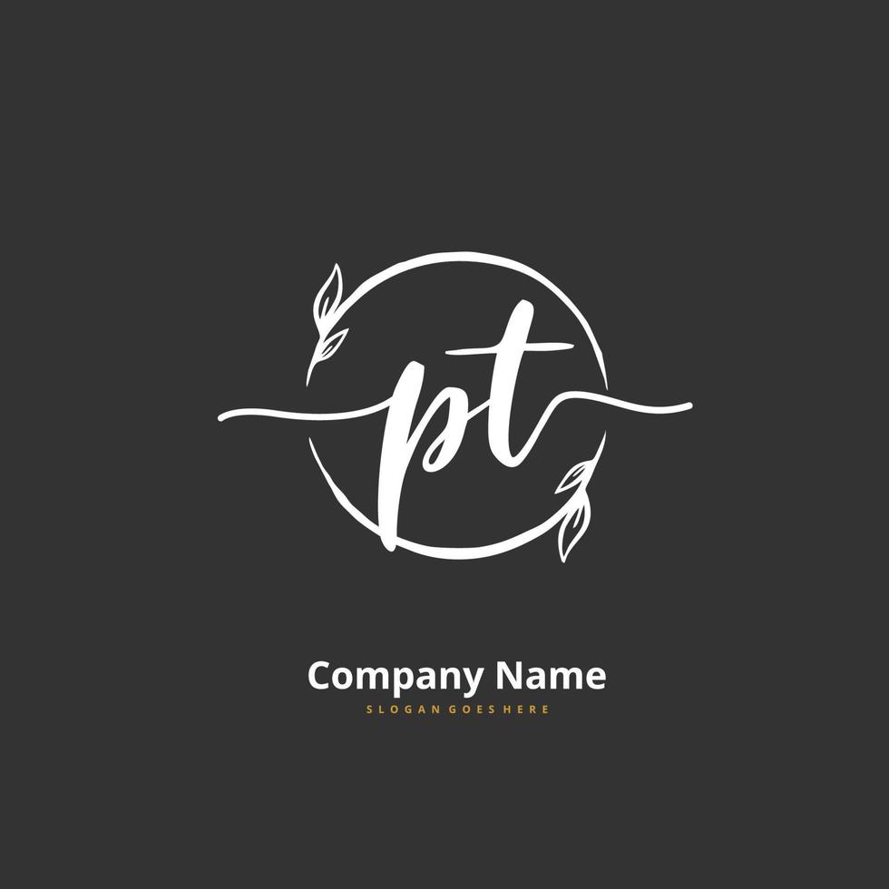 PT Initial handwriting and signature logo design with circle. Beautiful design handwritten logo for fashion, team, wedding, luxury logo. vector