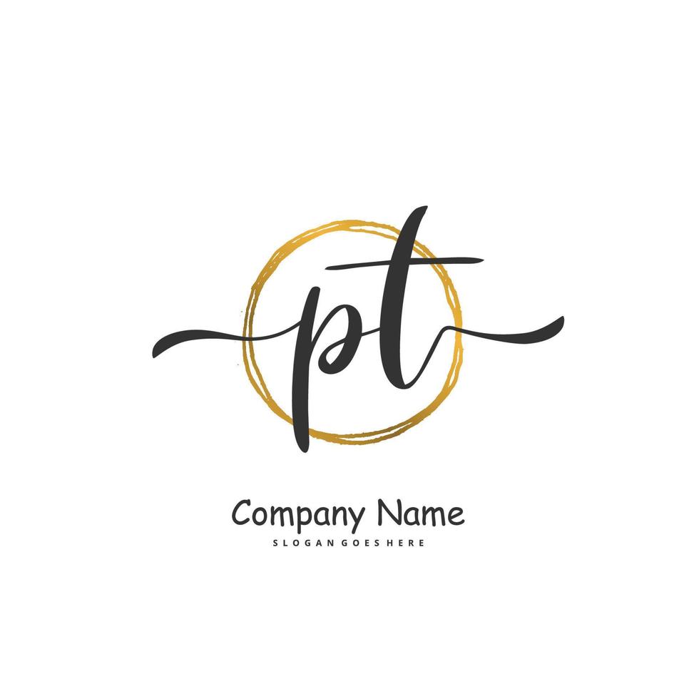 PT Initial handwriting and signature logo design with circle. Beautiful design handwritten logo for fashion, team, wedding, luxury logo. vector