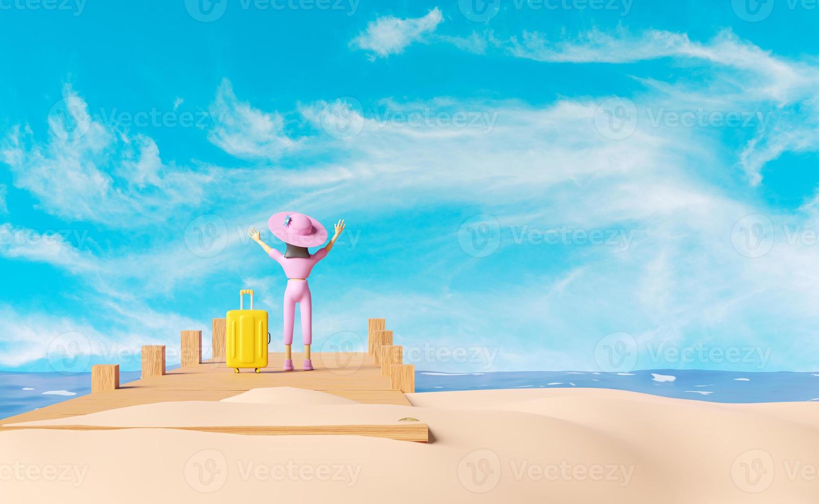 wooden bridge leading into the sea on a bright day with 3d character cartoon standing woman, suitcase, sea, blue sky landscape background. summer travel concept, 3d render illustration photo