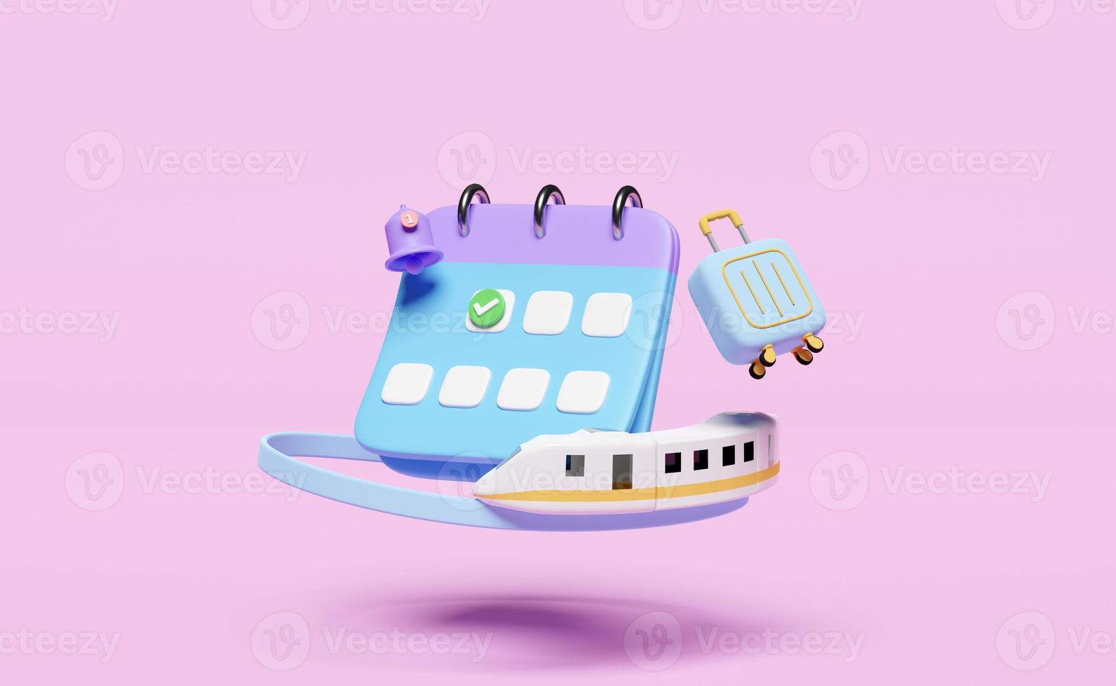 calendar with suitcase, sky train transport toy 3d, checkmark icons, marked date, notification bell isolated on pink. schedule appointment, summer travel train, itinerary, 3d render illustration photo
