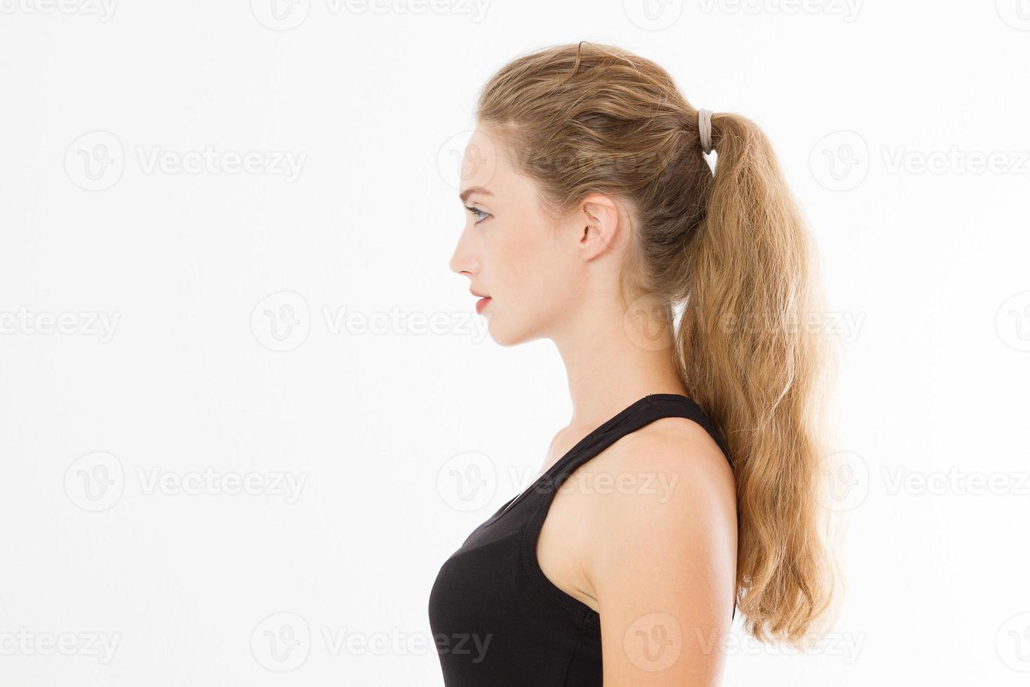 Profile portrait of blonde caucasian girl with long and shiny straight female hair isolated on white background . Beautiful woman european model with straight hairstyle. Copy space. photo