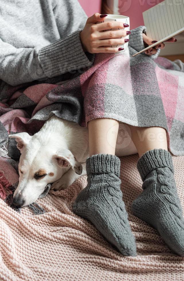 hogar acogedor, mujer cubierta con una manta cálida, bebe café, perro durmiendo al lado de la mujer. foto
