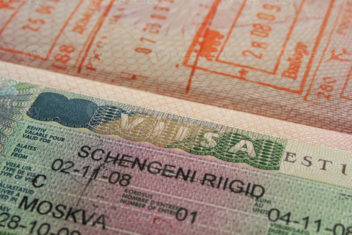 Close-up fragment of estonian schengen visa and stamps in passport. Prohibition and suspension of visas for Russian tourists travel to European Union and Baltic States. Documents for travel concept. photo
