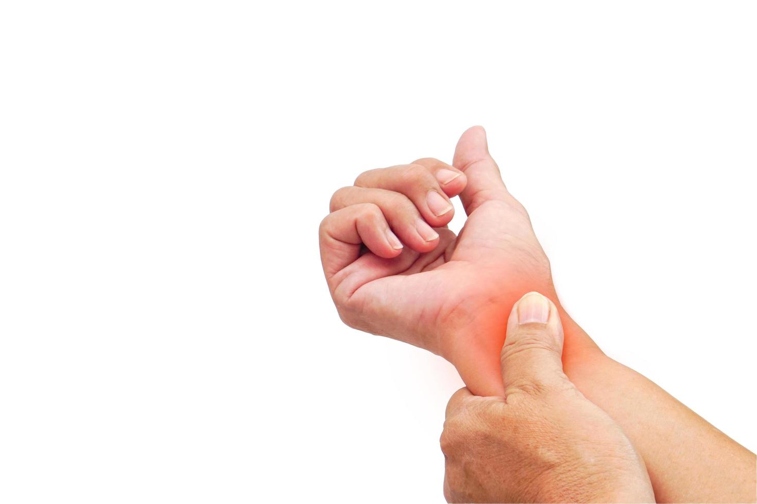 Woman with pain in wrist on white background with clipping path. Healthcare and office syndrome concept. photo