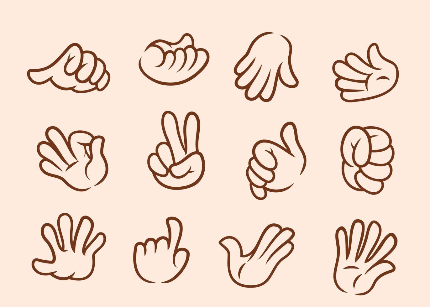 collection of cartoon hands outline with gloves in different poses