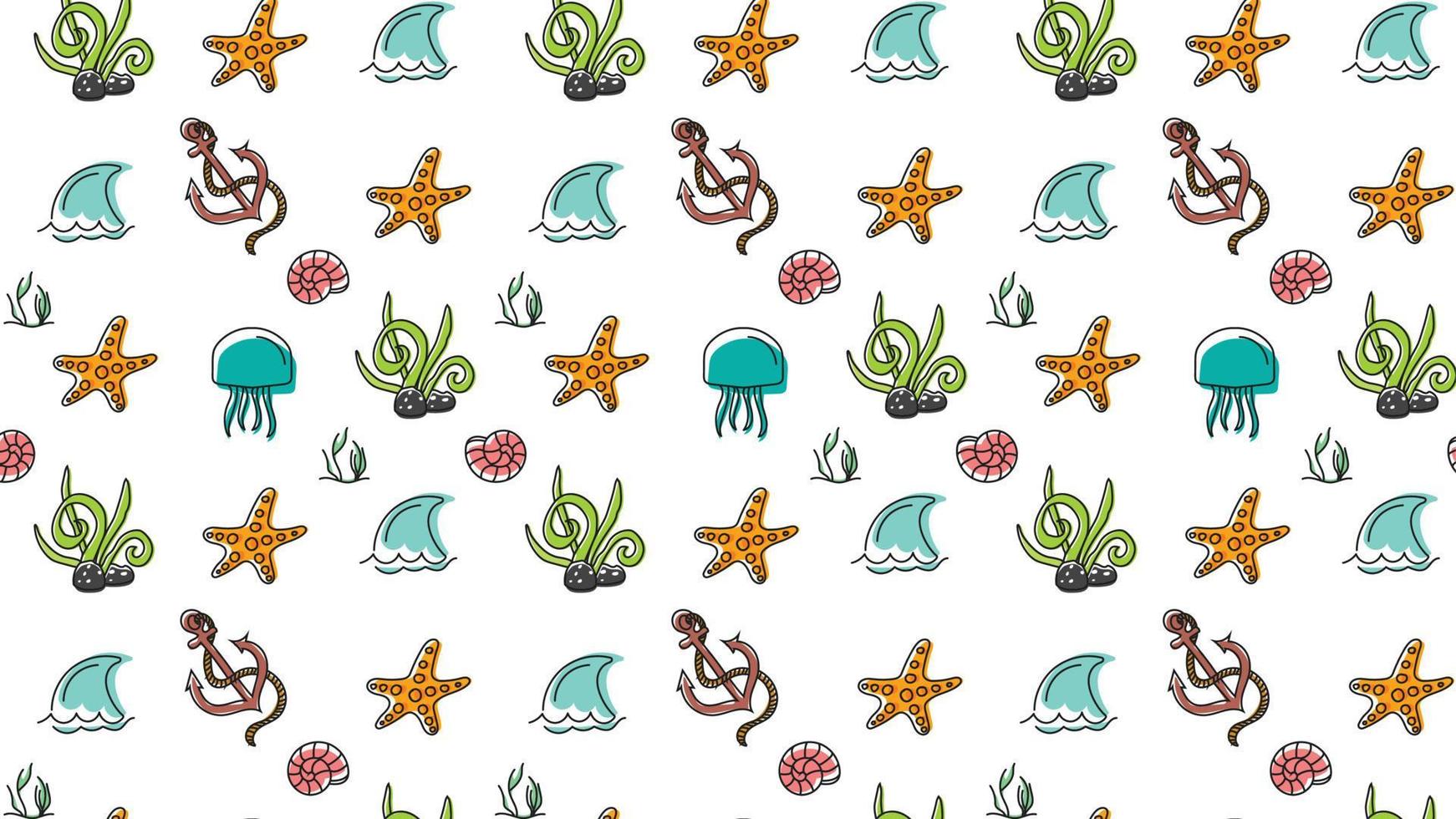 Seamless vector pattern with shells and fish