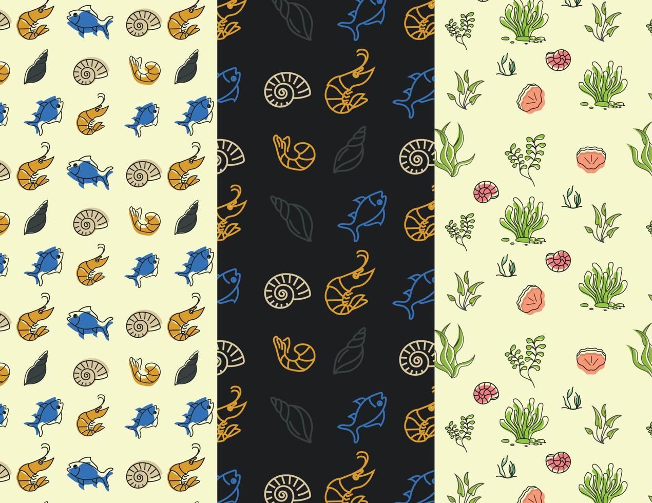 Seamless vector pattern collection with shells and fish