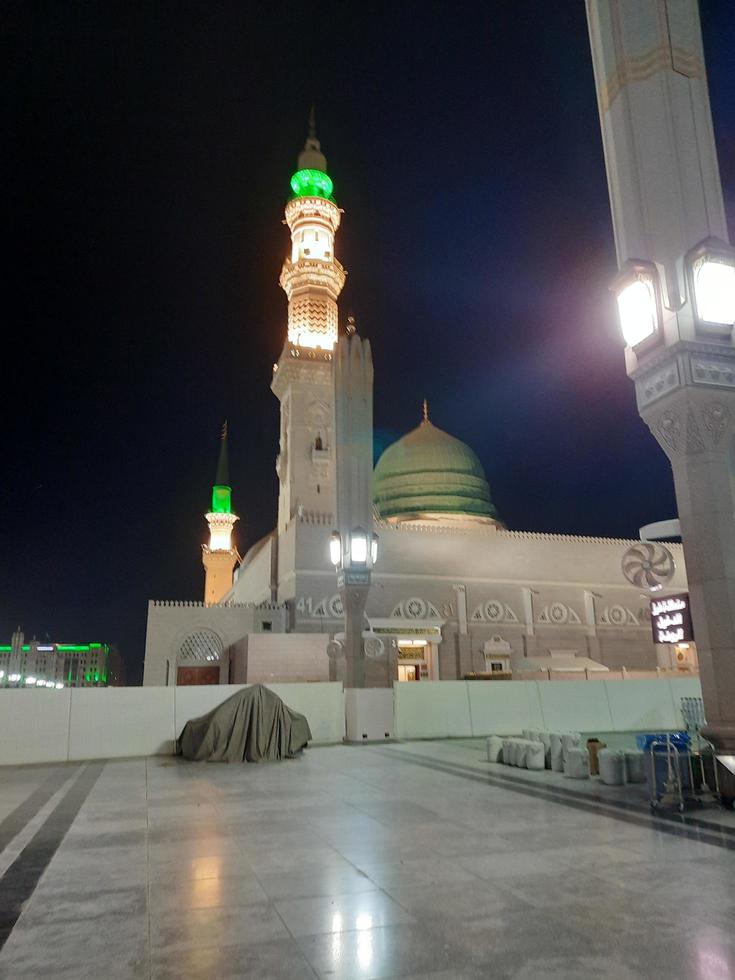 Medina, Saudi Arabia, Oct 2022 - Beautiful view of Masjid Al Nabawi Madinah in night lights. Masjid Al Nabawi Medina presents a very beautiful scene in the night lights. photo