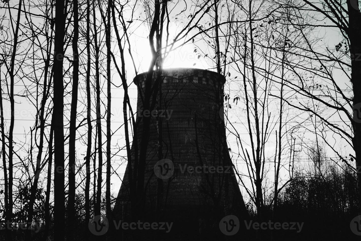 High contrast photo of the cooling tower of the thermal power plant through the grove. photographed against the light. Natural and industrial silhouettes