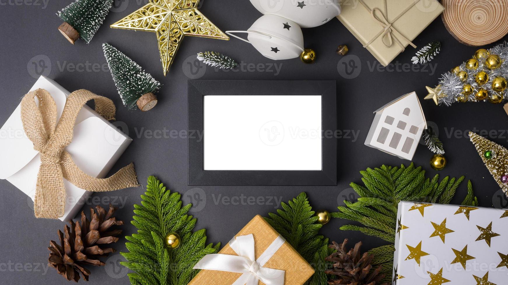 Christmas decorations on black background photo