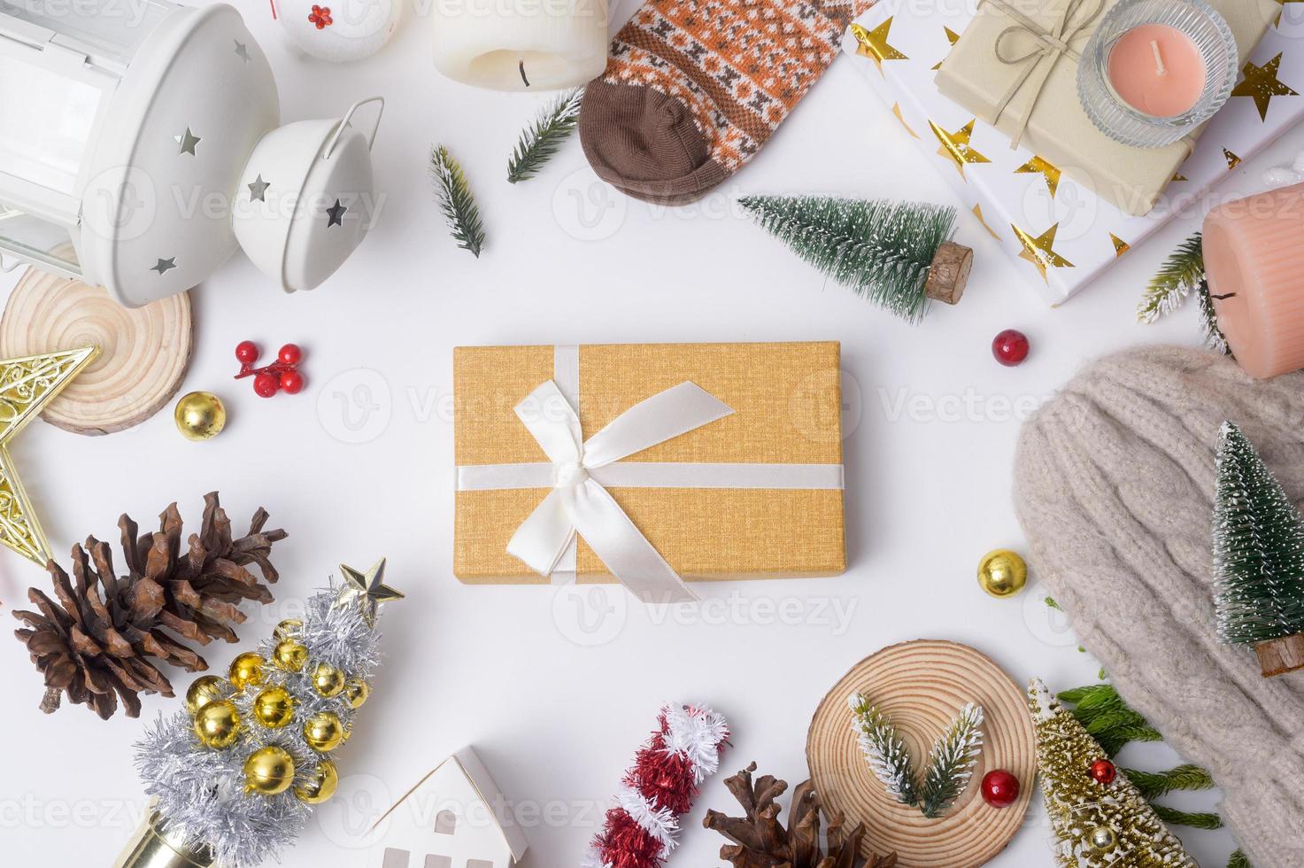 Top view Christmas flat lay  decorations on white background photo