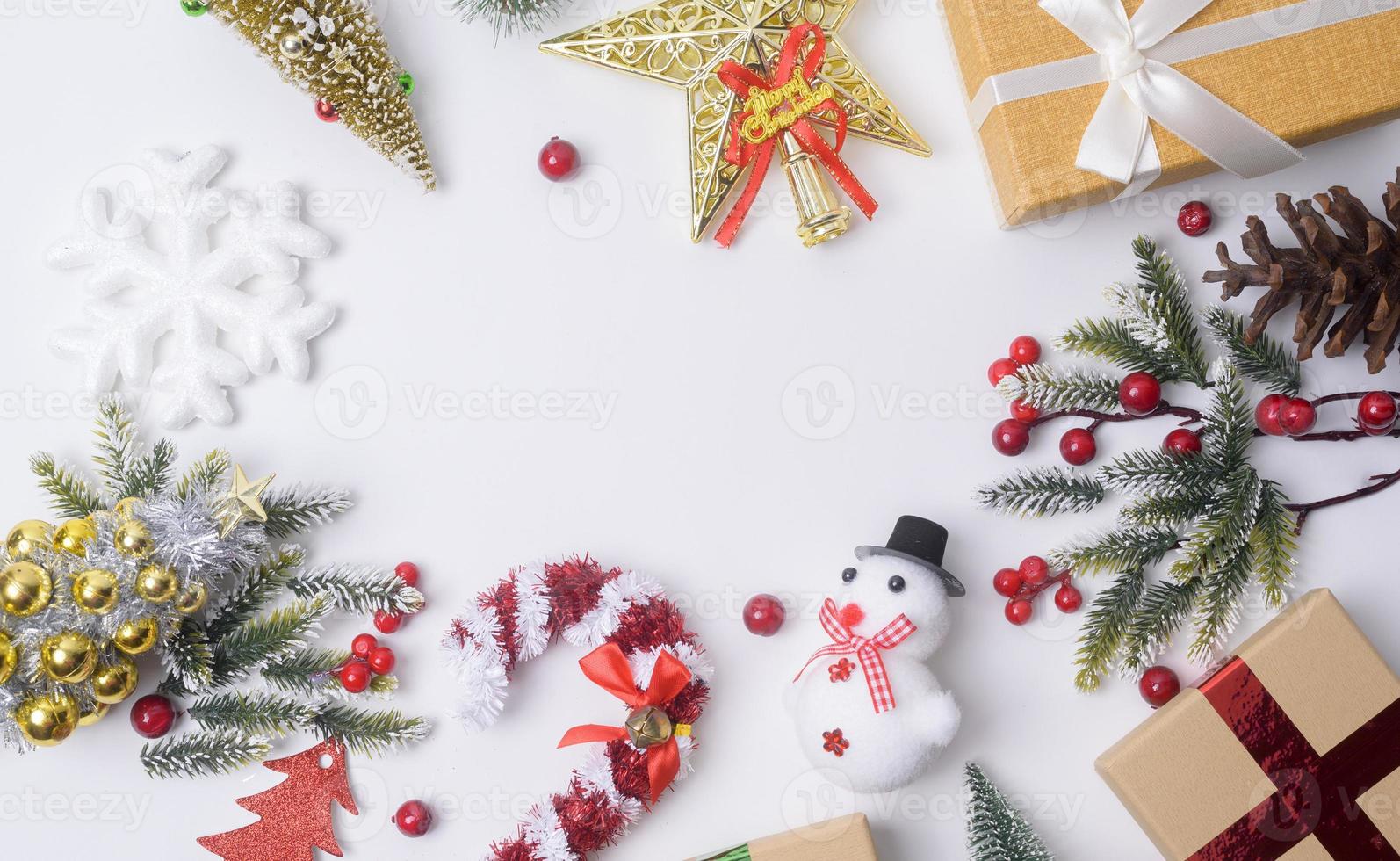 Top view Christmas flat lay  decorations on white background photo