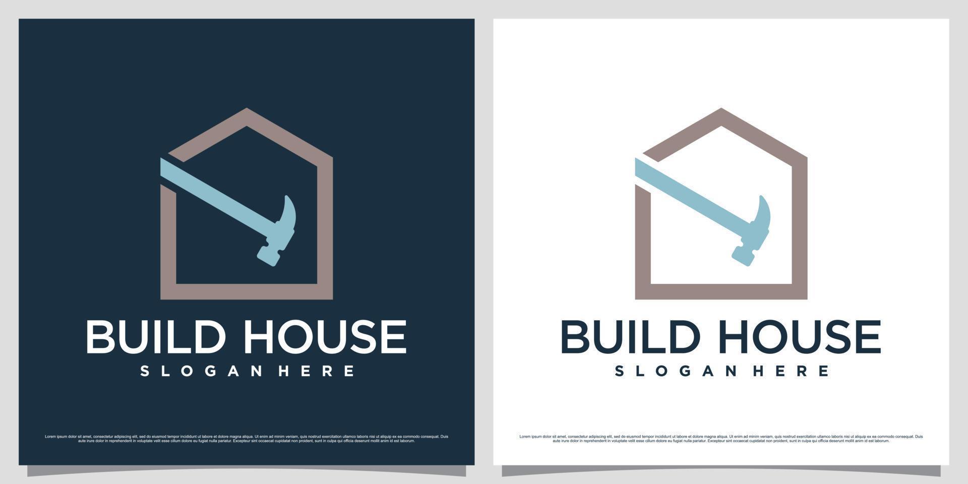 plantilla de diseño de logotipo de casa para construcción de negocios con icono de martillo y concepto creativo vector