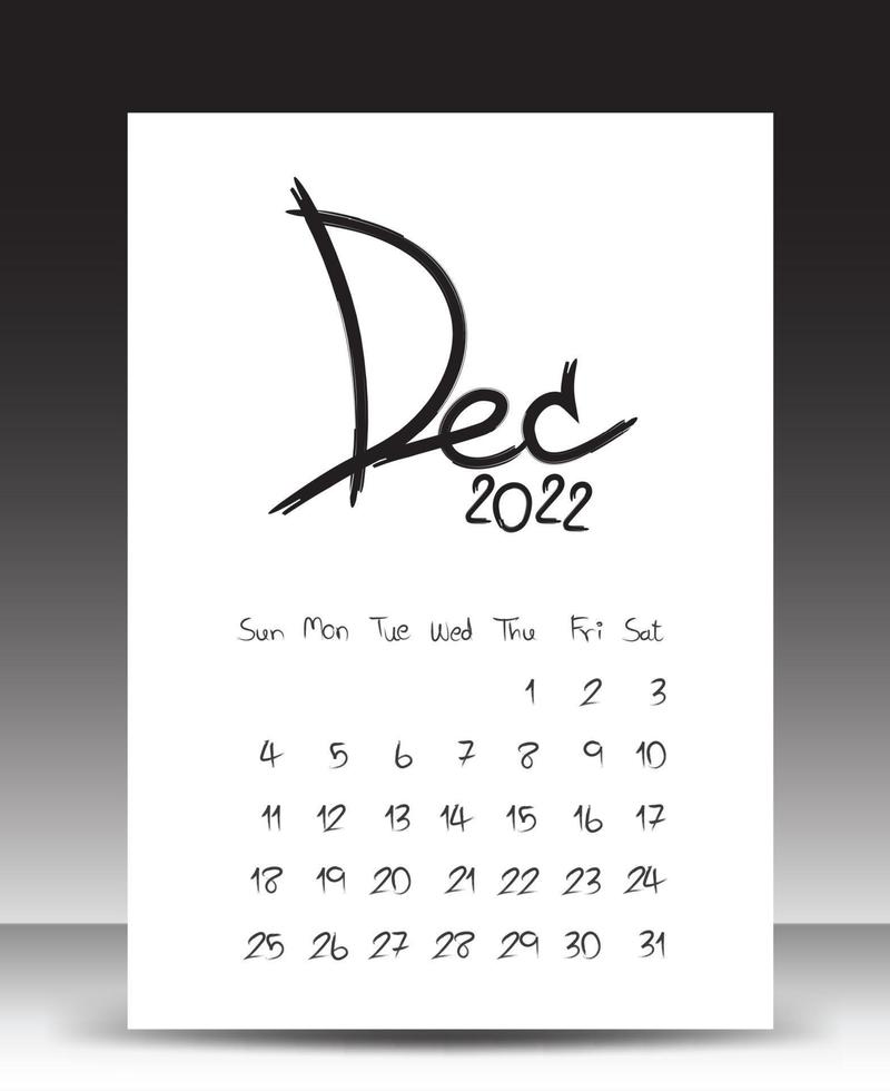 calendario 2022 año, calendario de letras, plantilla de diciembre de 2022, plantilla de calendario de escritorio 2022, la semana comienza el domingo, diseño de papelería, medios de impresión, diseño de publicación, vector