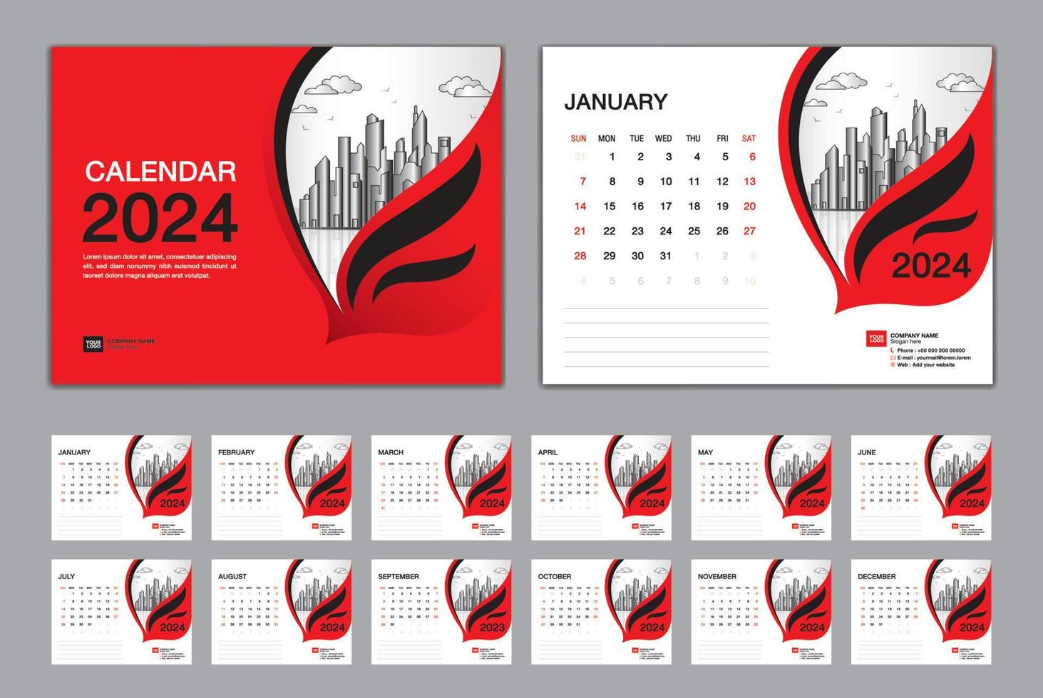 Calendar 2024 template set vector, Week starts Sunday, set of 12 month