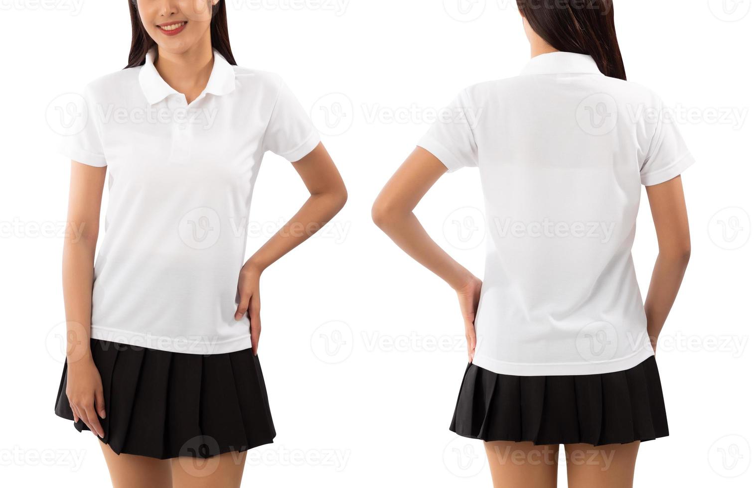 Young woman in white polo shirt mockup isolated on white background with clipping path photo