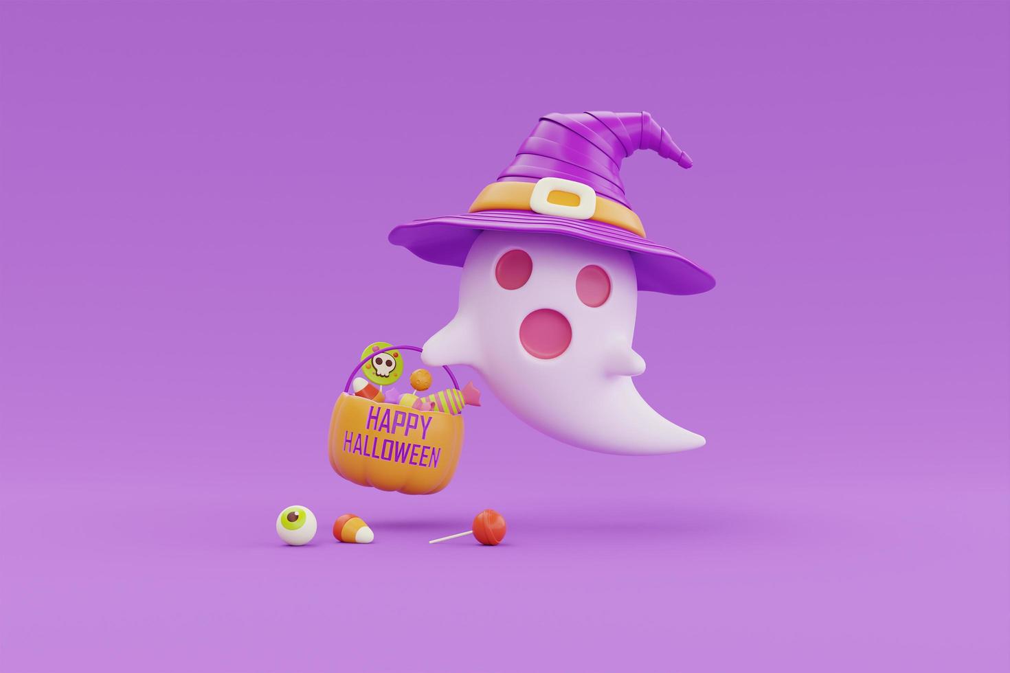 Happy Halloween with cute ghost wearing witch hat and pumpkin basket full of colorful candies and sweets on purple background, 3d rendering. photo