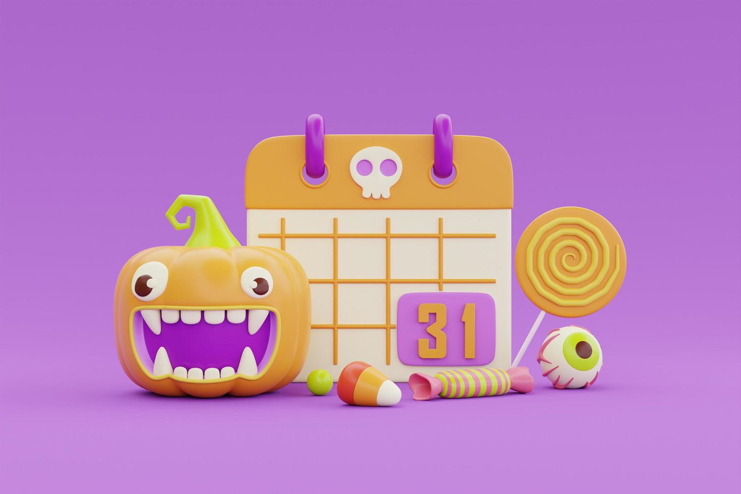 Happy Halloween with calendar, Jack-o-Lantern pumpkins, colorful candies on purple background, traditional october holiday, 3d rendering. photo