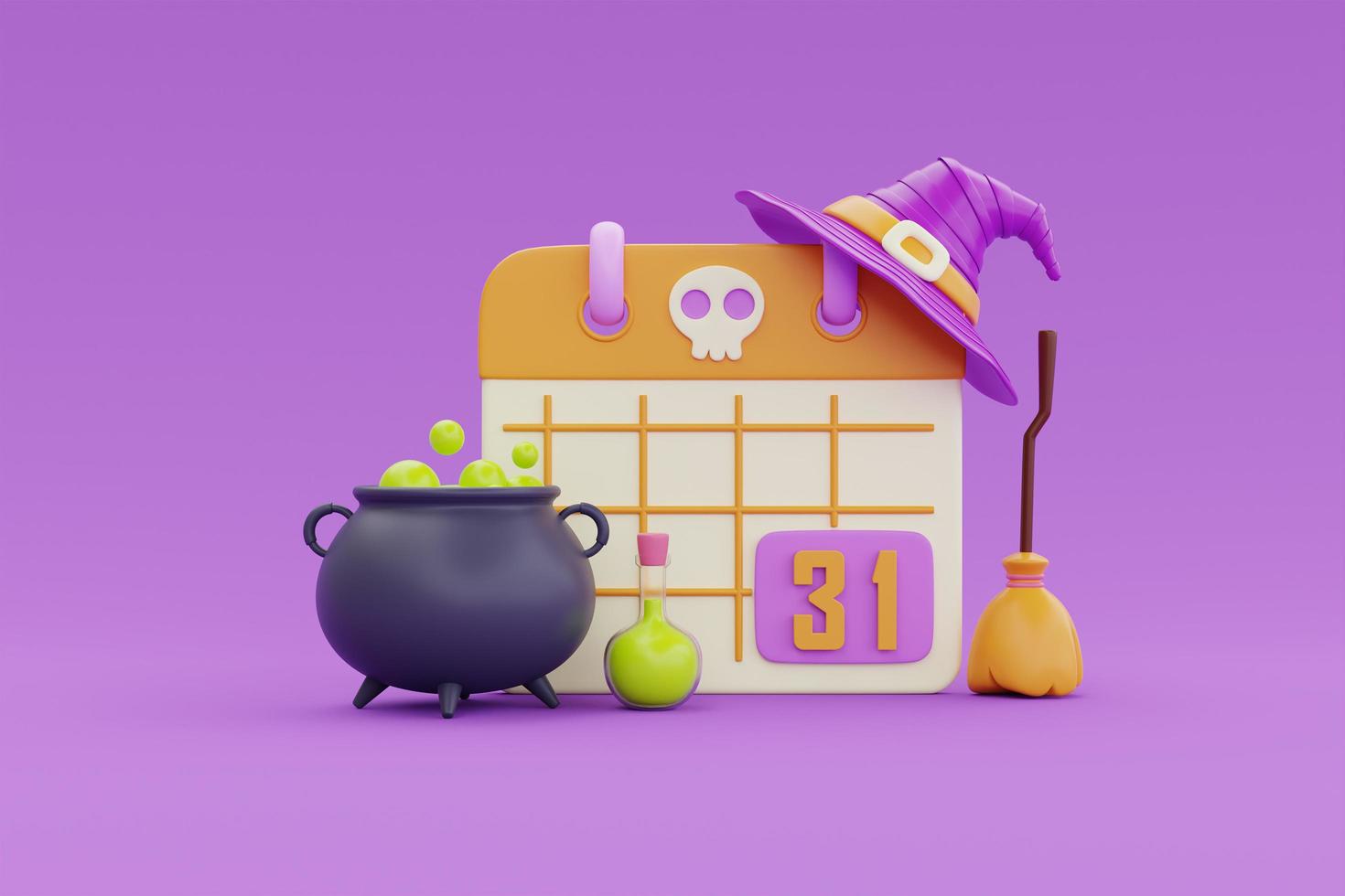 Happy Halloween with calendar, witch cauldron, hat and broom on purple background, traditional october holiday, 3d rendering. photo