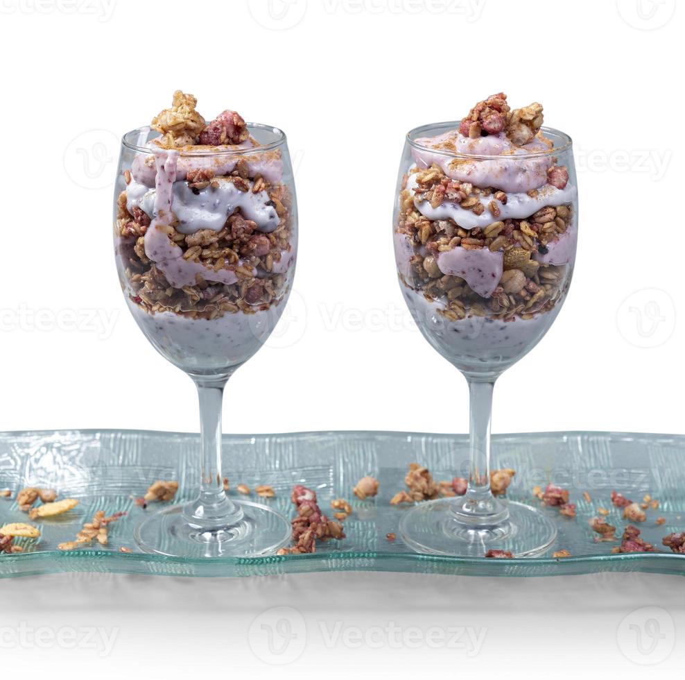 homemade ice cream nut and strawberry in two transparent glass photo